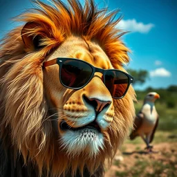 a lion using sun glasses, award winning, tilted frame, dutch angle, skewed shot, a bird, a bird