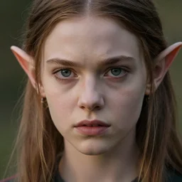 a close - up photo of ella purnell, as a tiefling girl looking very determined, high detail.
