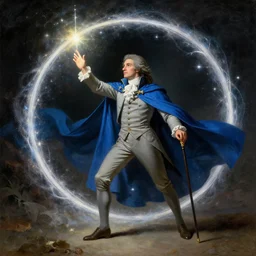 a mage casting making a portal with a spell with a blue cape, stars, sincere, modern maximalist suit, is ( ( holding a cane ) ). light dust, magnificent, hyperdetailed, theatrical, painted by jean honore fragonard and greg rutkowski