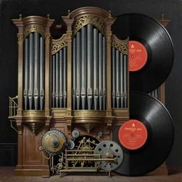 tech noir pipe organ lp album art, intricate detail, mechanical, baroque oil painting by alan lee and jim burns, wild west architecture