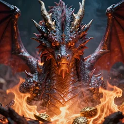 close-up portrait film still, beautiful dragon with wet skin in a pit of fire, smoke, volumetric lighting, symmetrical, treasures of gold, trending on artstation, blizzard concept artists, cinematic, hyper realism, high detail, octane render, high contrast, vibrant, Frank frazetta , 8k