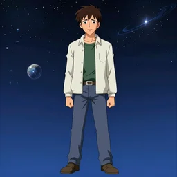 a cartoon picture of a man standing in front of a space background, concept art by yoshiyuki tomino, featured on pixiv, dau - al - set, toonami, official art, parallax