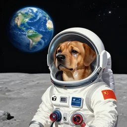 laika the dog is in a spacesuit on the moon and is crying. soviet style socialist realism. planet earth is in the sky.