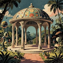 pop surrealism alien pavilion garden, retro stylized illustration by leiji matsumoto