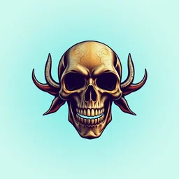 oxidized skull on cyan background with shield, logo, digital art
