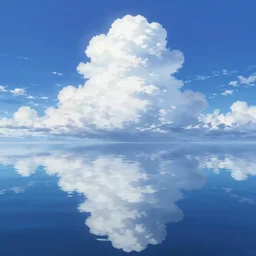 anime blue sky with clouds reflected on water plane, stunning, beautiful