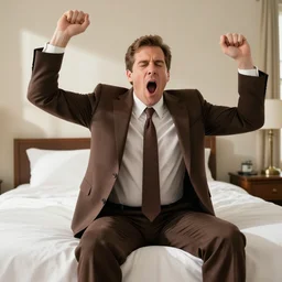 Andy Richter is wearing a chocolate brown suit and necktie. He is in a bedroom lit by bright morning light and sitting upright in a bed stretching his arms. His mouth his wide open from yawning.