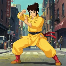 The Wu-Tang Can doing kung-fu in the Bronx in the style of Kill Bill and anime, cel shaded hand drawn animation, studio Ghibli.