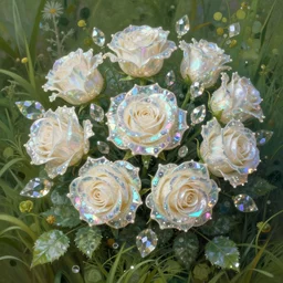iridescent diaphanous refractive and reflective crystal crystalline pearly floral roses bouquet, verdant, lush, overgrown, fantasy, intricate, elegant, highly detailed, digital painting, artstation, concept art, matte, sharp focus, illustration, hearthstone, art by artgerm and greg rutkowski and alphonse mucha