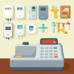 cash register in front of a wall of electrical supplies and pluming supplies and food vector art