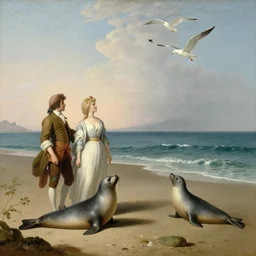 a man and a woman on a secluded beach with a seal and a seagull, 1 8 th century painting