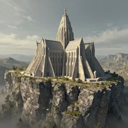 A hydroelectric brutalist abbey cathedral on a rocky cliffside, artstationhq, fantasy art, architecture