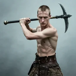 a young peter sarsgaard, with pointy nose and features of michael fassbender, short hair, skinny, athletic dressed as barbarian swinging a claymore