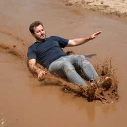 a man sliding through brown pudding