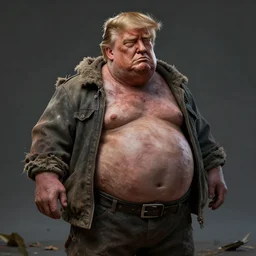 character art of trump as disheveled derelict homeless transient morbidly obese husk of a man.
