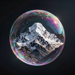 a bubble of soap containing one tallest, snowy mountain. the bubble is floating in the dark, dramatic scenery, ultra realistic, extremely detailed, by john rankin waddel, greg rutkowski, paolo roversi, tim walker, salvador dali, surreal, hyperrealistic, octane