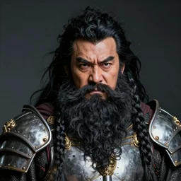 portrait of a human man akin to a dwarf in human form with a big bushy beard with braids in it and a mane of black hair and silver armor with golden accents, stylistic, dramatic lighting, egotistical, irritable, by Kev Chan