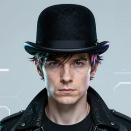 A portrait of Thom Yorke as a cyberpunk wearing a bowler hat, iridescent highlights, background by Joe Fenton, highly detailed, intricate, soft, sci-fi, sharp focus, glowing lines, art by artgerm