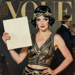 vogue magazine, vintage roaring 1 9 2 0 s flapper, holding a blank poster, greg rutkowski, john singer sargent, anime, trending on artstation, oil painting, crop top, intricate