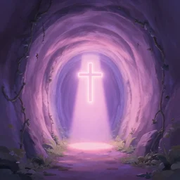 paradise at  at the end of the tunnel with a cross as the light shining into the tunnel, with pale purple and pale pink lighting, cute, aesthetic, anime, with a few vines and overgrowth, studio ghibli, cinematic, painting, high definition, digital art, symmetrical, very detailed, extremely high detail, photo realistic, concept art, unreal engine 5,