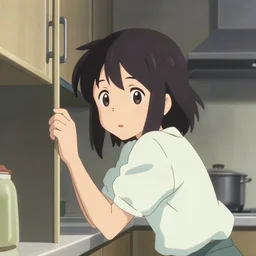 anime film visual illustration of a young woman looking in a kitchen cabinet from a distance, cute face by ilya kuvshinov, makoto shinkai, kyoani, dynamic pose, crisp and sharp, yoshinari yoh, rounded eyes, anime poster, ambient light, realism, focused, flat, cel shaded