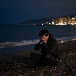 guy crying on the beach of vernazzola genova alone. rain. dark. night. broken heart.