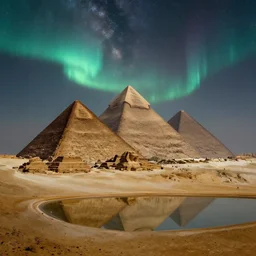 an establishing shot of the pyramids of giza, digital art, fantasy painting, at night time, ancient civilisation, reflecting pool, milky way, aurora, northern lights, muted colours, by paul lehr, jesper ejsing