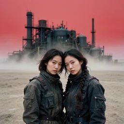photographic portrait shot on cinestill 5 0 d of two loving clones, techwear women on a desolate plain with a red sky, a brutalist dark metal facility in the background, dust storm, 3 5 mm, 8 k, depth of field, high resolution, ultra realistic faces