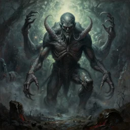 inconceivable otherworldly massive cthulu god rising from a grim landscape, epic painting by richard!!! schmid!!!. elder god lovecraft mythology