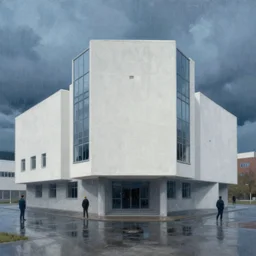 painting of a wide angle exterior shot of a white concerete brutalist architecture stronghold with rainy and moody cinematic lighting by darek zabrocki and greg ruthkowski, alphonse mucha, simon stalenhag and cinematic and blue cold atmospheric, archillect concept art, artstation, trending on artstation