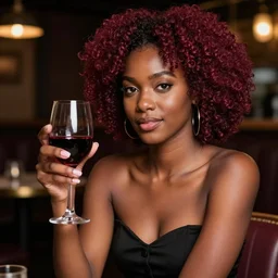 a photo of a beautiful african girl with burgundy red afro and caramel colored skin. sitting in a speakeasy holding a glass of red wine. 5 0 mm f 1. 2
