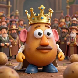 the potato king which is a potato appears before the large crowd of his subjects in all his glory wearing his crown, concept art, blender, glossy googly eyes, realistic dirt, realistic potatoes.