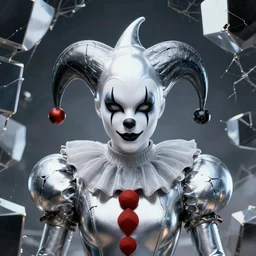 front shot of a court jester character fine portrait fine portrait mesmerizing fractal hyper cubes platinum cracked dark future hyper dimensional space galactic crystal nebula edges elegant detailed intricate concept artstation sharp focus ray tracing cinematic masterpiece octane render nvidia temporal corruption beeple wlop lok du germ tomasz alen 8 4 k scifi glossy illustration