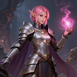 short pink haired half elf woman doing healing magic wearing armor, dungeons and dragons, cleric, character art, character design, illustration, 4 k, 8 k, artstation, hyper detailed