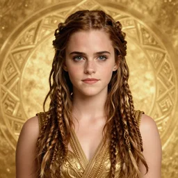 emma watson as celtic druidess, long dreadlocks, olive skin, shiny gold background, intricate, elegant, highly detailed, digital painting, artstation, concept art, smooth, sharp focus, illustration, artgerm, mucha, bouguereau