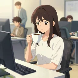 girl with a cup of coffee in the office, illustration concept art anime key visual trending pixiv fanbox by wlop and greg rutkowski and makoto shinkai and studio ghibli