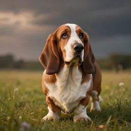 super cute carolina basset, in a field, hyper realism, cinematic, volumetric lighting, dramatic ambient lighting, epic composition, high detail, octane render, unreal engine, 8 k, professional photo, photorealistic, intricate complexity, extremely detailed,