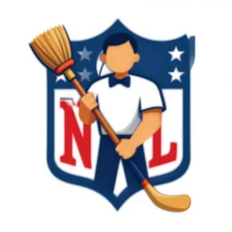 janitor holding broom like hockey stick vector logo, professional NFL sports style, flat colours, bright colours, Adobe EPS, SVG, professional, sharp edges