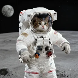 professional cat astronaut on the moon sigma 1 4 mm f / 1. 8 the earth is seen in the background surrounded by an asteroid belt made of cat toys