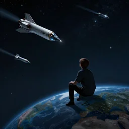 a young person sitting on the edge of the world, watching the spaceships passing by, night, many stars, cyberpunk style, matte painting, 4k, artstation, Syd Mead