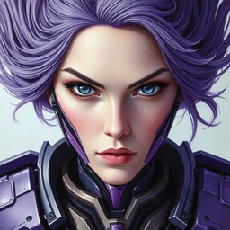 perfectly centered portrait, front view of a beautiful biomechanical android in amethyst armor, female, flowing purple hair, intense stare, stoic, symmetrical, concept art, intricate detail, volumetric shadows and lighting, realistic oil painting by tim hildebrandt,