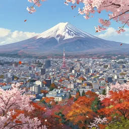 makoto shinkai concept art of tokyo landscape from far away, mountfuji in the background, autumn, falling leaves, cherry blossoms in the foreground, key visual, ambient lighting, highly detailed, digital painting, artstation, concept art, sharp focus, by studio ghibli makoto shinkai akihiko yoshida hidari wlop and greg rutkowski