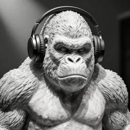angry gorilla in headphones marble statue hard light black and white photo