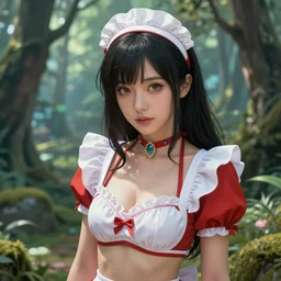 A beautiful female maid wearing a magical bikini in a magical forest, detailed face, playful gaze, fantasy art, in the style of artgerm, illustration, epic, fantasy, intricate, hyper detailed, artstation, concept art, smooth, sharp focus, ray tracing, vibrant