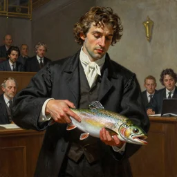 A beautiful oil painting of a lawyer in court holding a trout, by Lucas Graciano, Frank Frazetta, Greg Rutkowski, Boris Vallejo, epic fantasy character art,  Exquisite detail, post-processing, low angle, masterpiece, cinematic