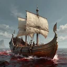 Futuristic viking ship in a sea of blood, fantasy, detailed, digital art