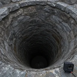 a concept art from the bottom of a deep dark well. stone walls. craig mullins, gopro lens.