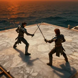 sword duel, marble platform, sea, movie concept art, high angle shot, cores laranja escuro