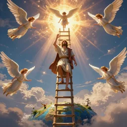 intricate details of jacob in the bible, genesis bible character, dreaming a ladder that from earth to heaven with angels going up and down, hyper realistic, ultra detail, octane render, cinematic, vivid, vibrant, artstation