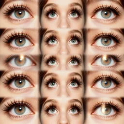 realistic photo of a a dozen blurred portraits with enormous eyes and very long eyelashes emitting aura, 8 0 ies 1 9 6 0, life magazine photo, natural colors, metropolitan museum, kodak, 8 k, very detailed, high resolution, product photo,